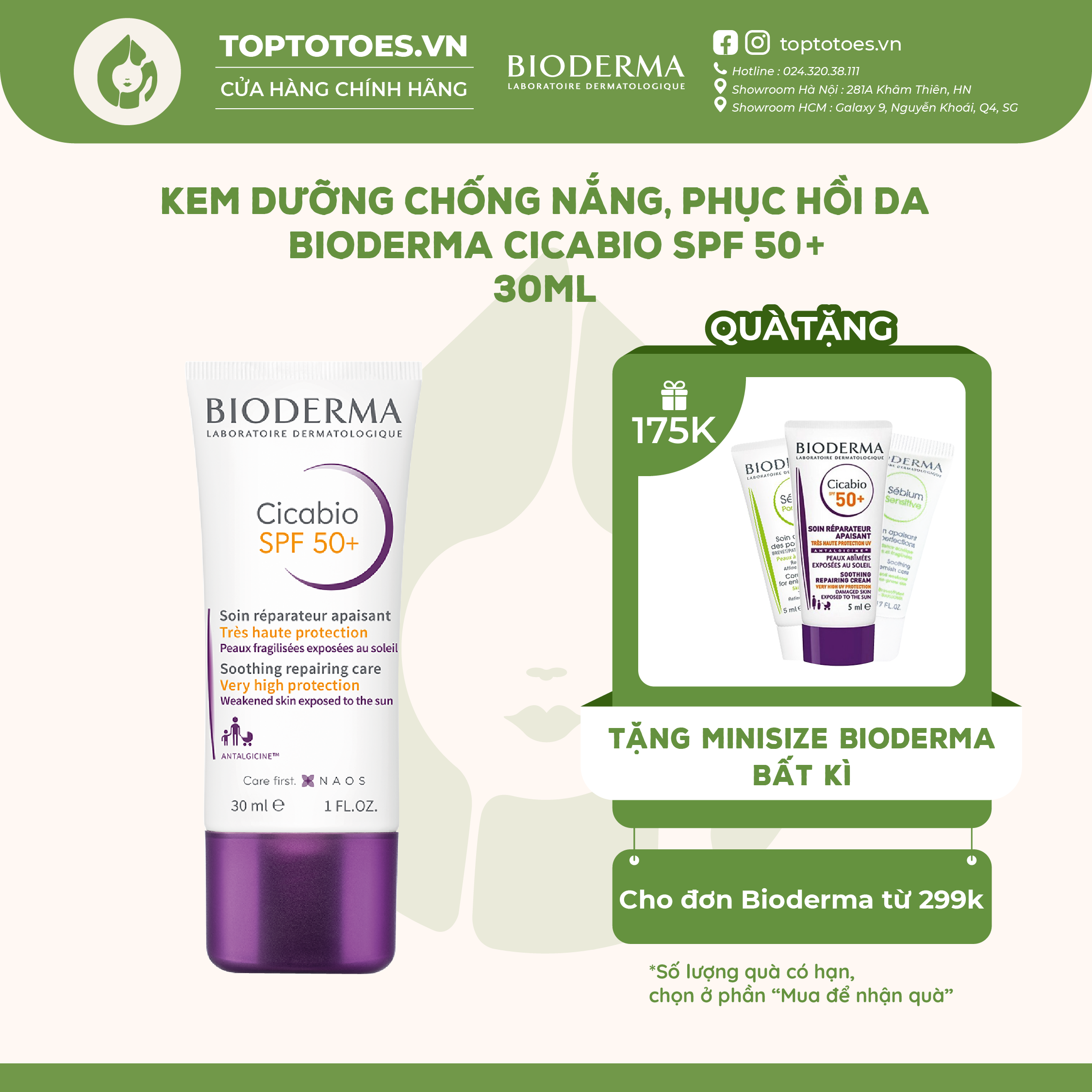 Kem dưỡng chống nắng, phục hồi da Bioderma Cicabio SPF 50+ 30ML [NHẬP KHẨU CHÍNH HÃNG 100%]