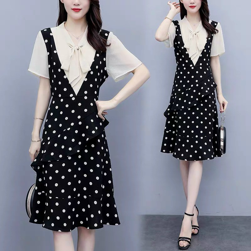 Đầm yếm chấm bi kèm áo-HN#damnu