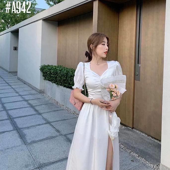 [Ảnh thật] Đầm trắng nhún ngực tay phồng xẻ tà cột nơ eo