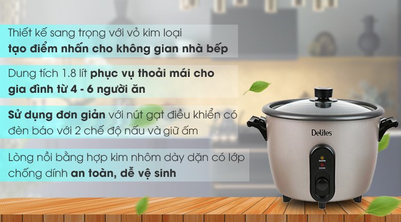 Nồi cơm nắp rời Delites 1.8 lít RC-10W003  hàng chính hãng 100%