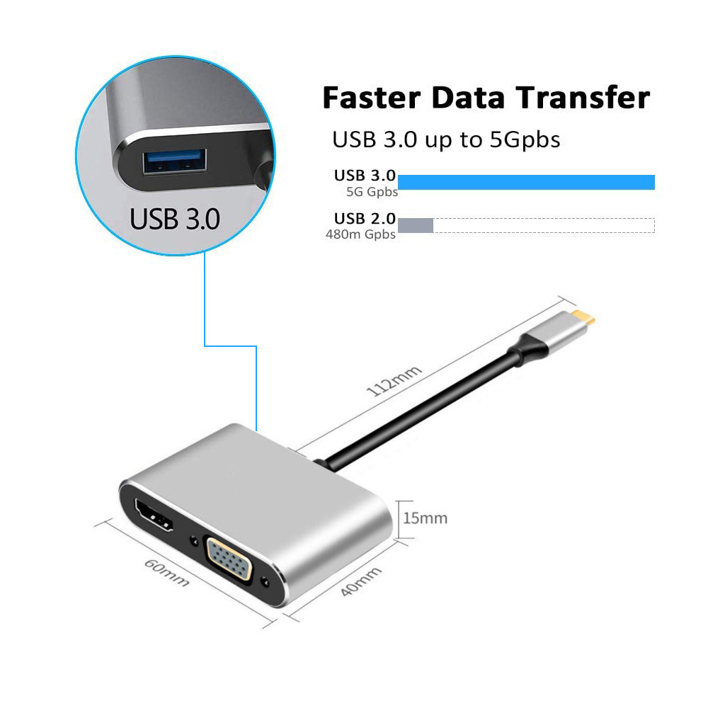 USB Type-C đến USB-C 4K HDMI, VGA USB 3.0, Trinp top, 4K HD