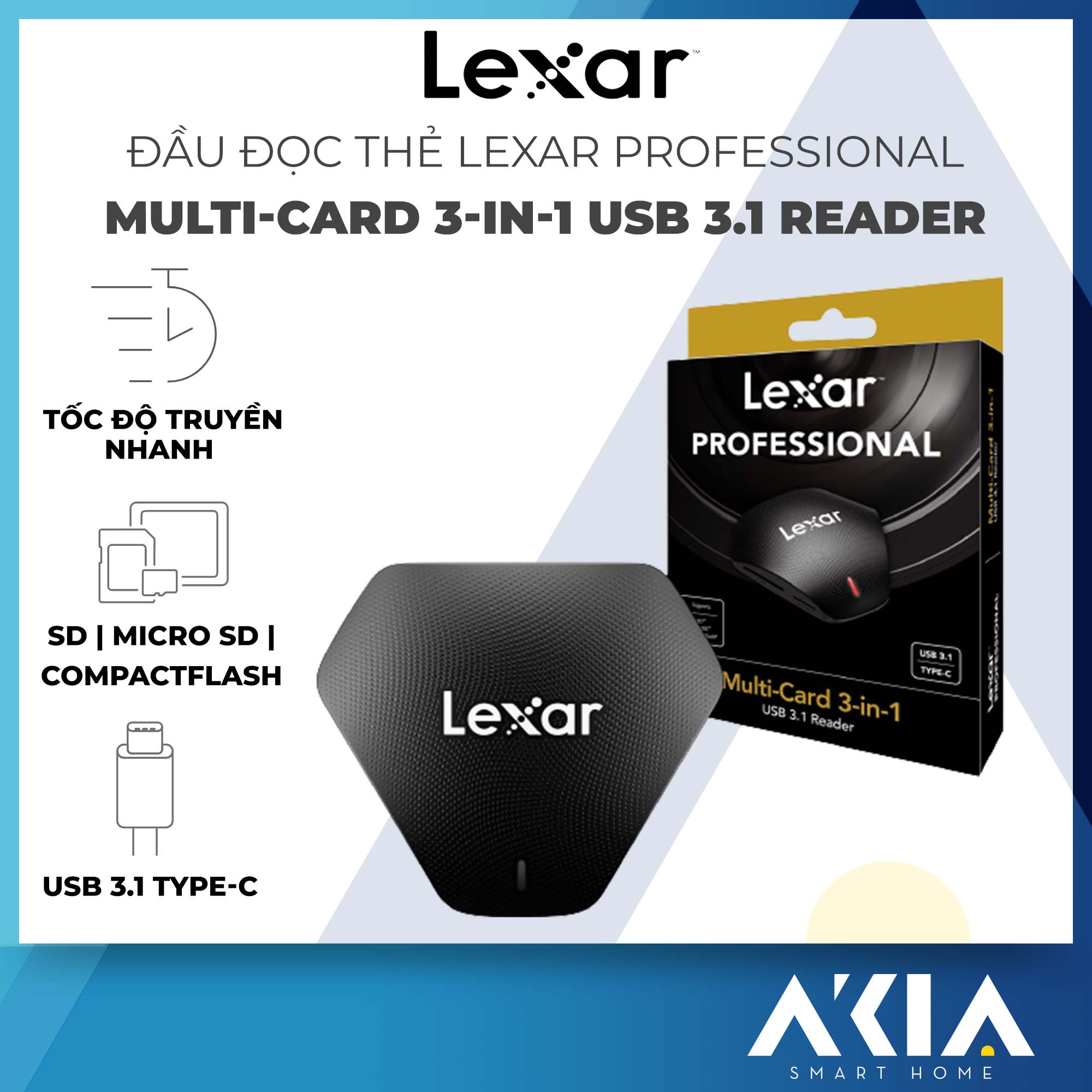 Đầu đọc thẻ nhớ Lexar Professional Multi-Card 3-in-1 USB 3.1 Reader, hỗ trợ thẻ SD, Micro SD và CompactFlash
