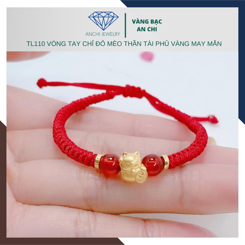 Vòng tay mèo thần tài phủ vàng, dây chỉ đỏ may mắn,Vàng bạc an chi