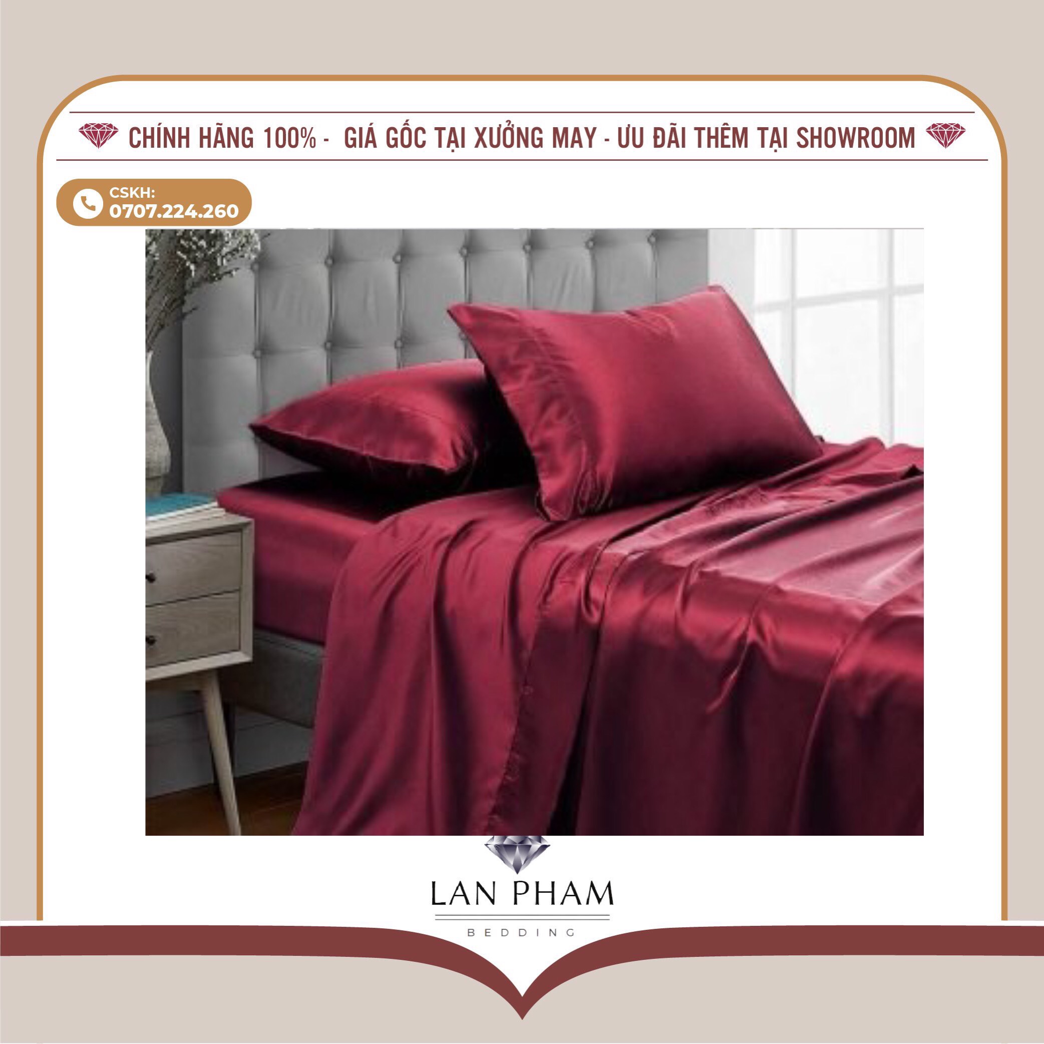 BỘ GA GIƯỜNG DRAP GỐI PHI LỤA MÀU ĐỎ MẬN CAO CẤP LAN BEDDING