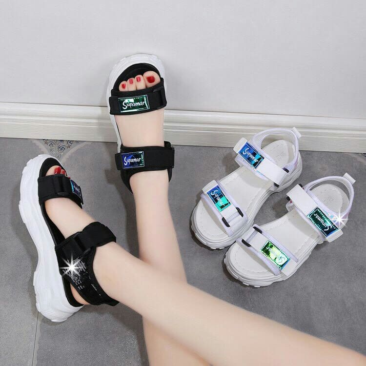 Sandal nữ quai ngang phản quang đế cao 5 phân - hottrend 2020