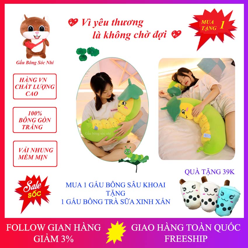 [Mua 1 Tặng 1] Gấu Bông Sâu Khoai Đội Nón Lá Cao Cấp - Gấu Bông Sóc Nhí 07 - Gấu Bông Cao Cấp Vải Nhung Co Giãn 4 Chiều - Mua 1 Gấu Bông Gối Ôm Sâu Khoai Tặng 1 Gấu Bông Trà Sữa Xinh Xắn