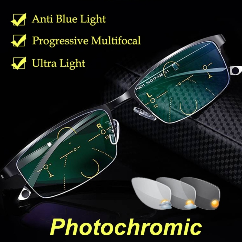 CLLOIO Photochromic Reading Glasses Men Progressive Multifocal Anti Blue Light Reading Glasses TR90 Hyperopia Presbyopia Glasses