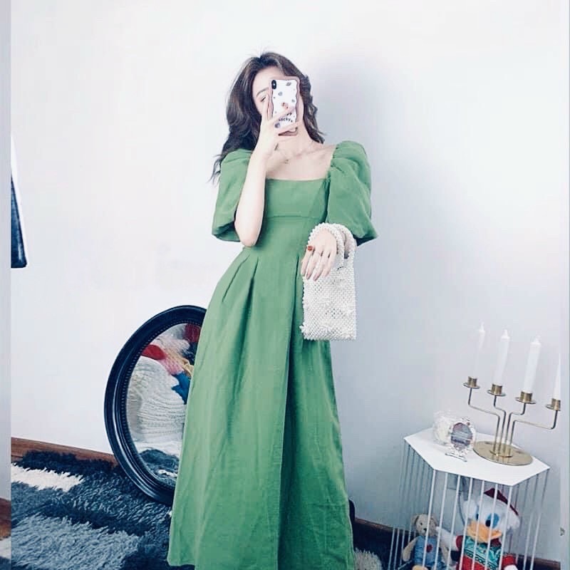 Đầm váy mint cổ vuông form dài