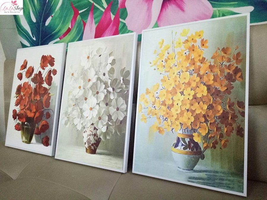 Lalashop - Bộ tranh treo tường Bình Hoa Nghệ Thuật trang trí phòng ngủ Tranh bình hoa 3d tranh vải canvas treo đầu giường phòng ngủ có khung