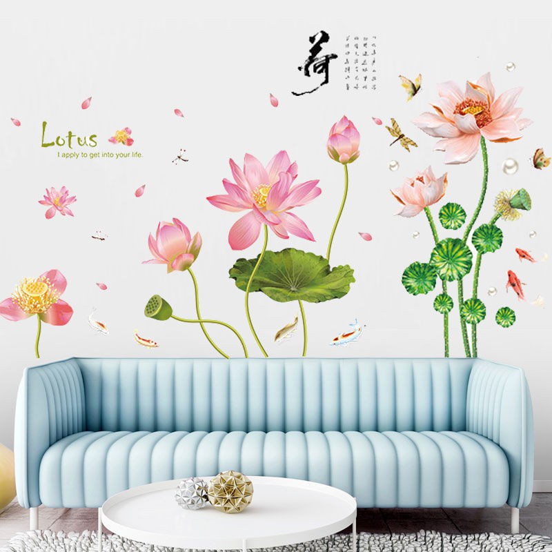 Decal dán tường hoa sen lotus và sen nụ hồng