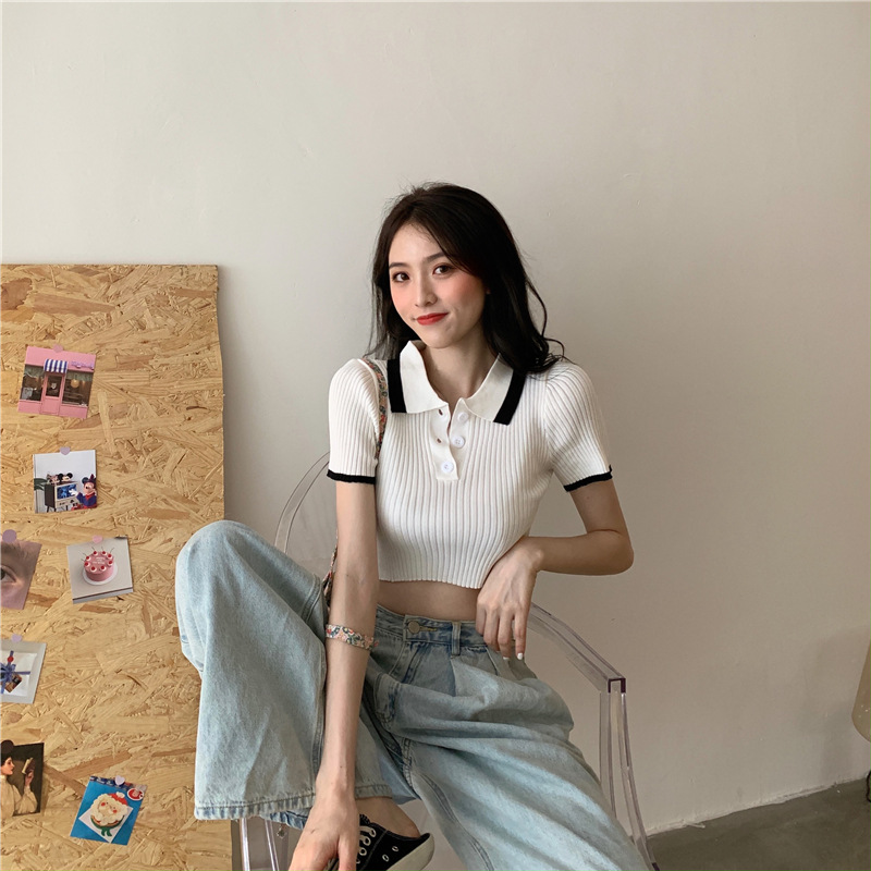 Áo gân cổ bẻ croptop 2 màu siêu chất TTSLA0332