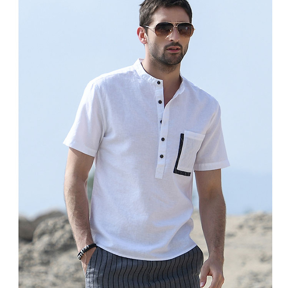 Áo cổ tàu linen nam slinen túi phối vải trẻ trung, thời trang trẻ