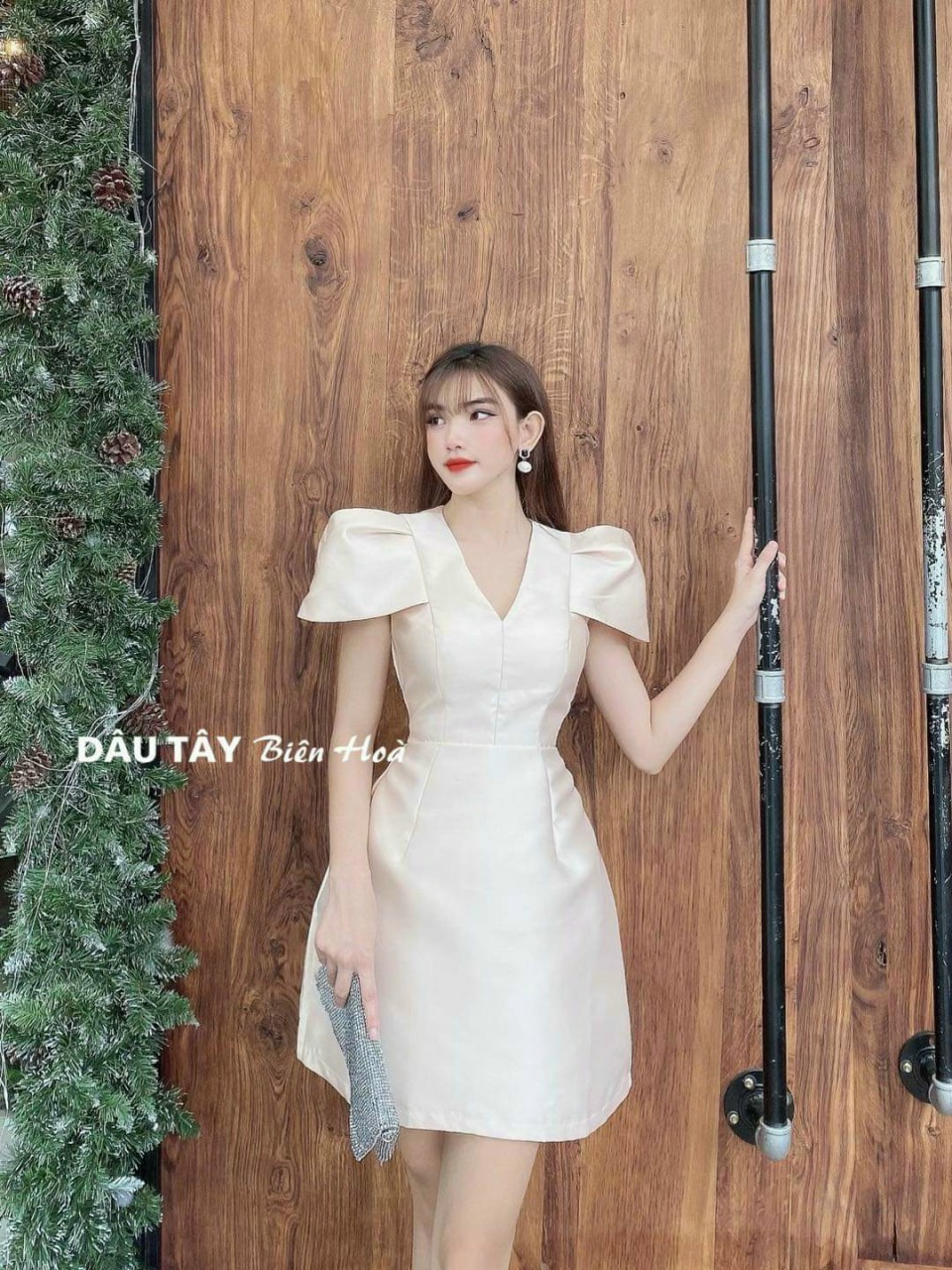 Đầm cổ V tay phồng-QH#damnu