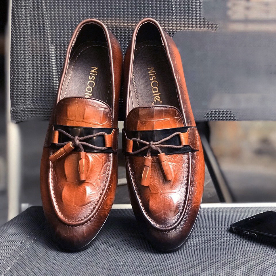 Minh Nhân - Giày da bò nam Giày Chuông Nam Giày tây nam công sở cao cấp Nâng Chiều Cao Da Dập Vân Cá Sấu Độc Đáo D-5 màu nâu  Da bò thật 100%
