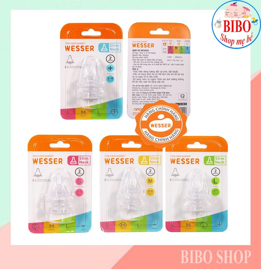 Set 2 Núm Ty Wesser Cổ Hẹp Siêu Mềm Có Van Thông Hơi SIZE L dành cho bé  trên 7 tháng