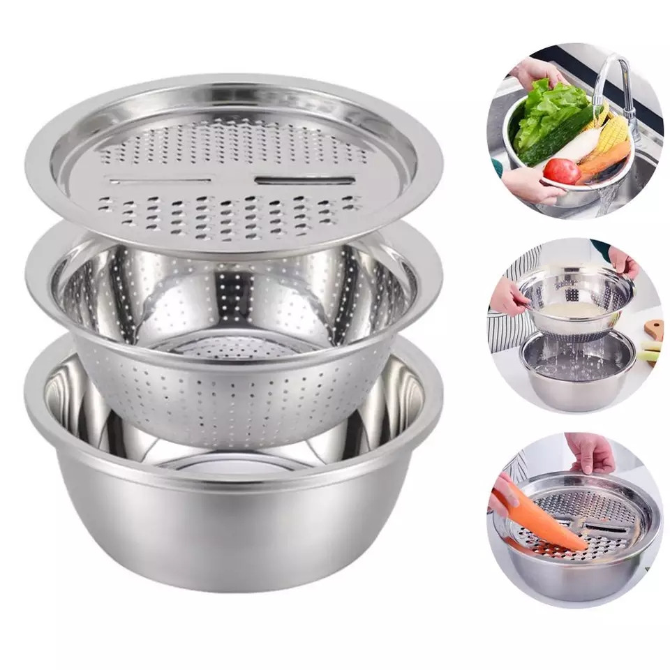 Hàng Nhập  BỘ DỤNG CỤ BÀO CỦ QUẢ BẰNG INOX - BỘ 3 MÓN THAU, RỔ, BÀO CỦ