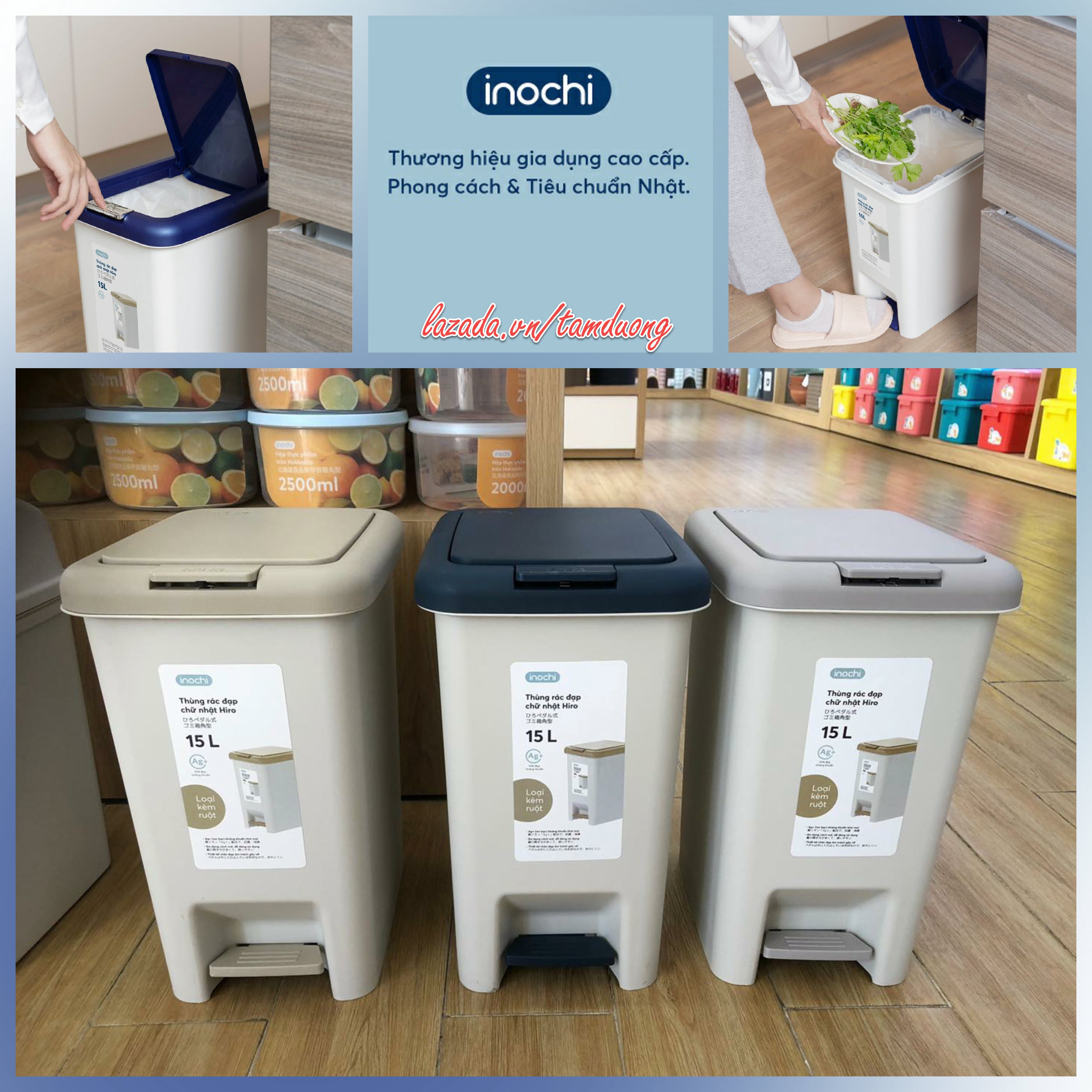 Thùng rác đạp chữ nhật cao cấp Inochi Hiro (kèm ruột, có phân tử Ion Ag+ kháng khuẩn, khử mùi) [HCM-Giao hoả tốc 2h]