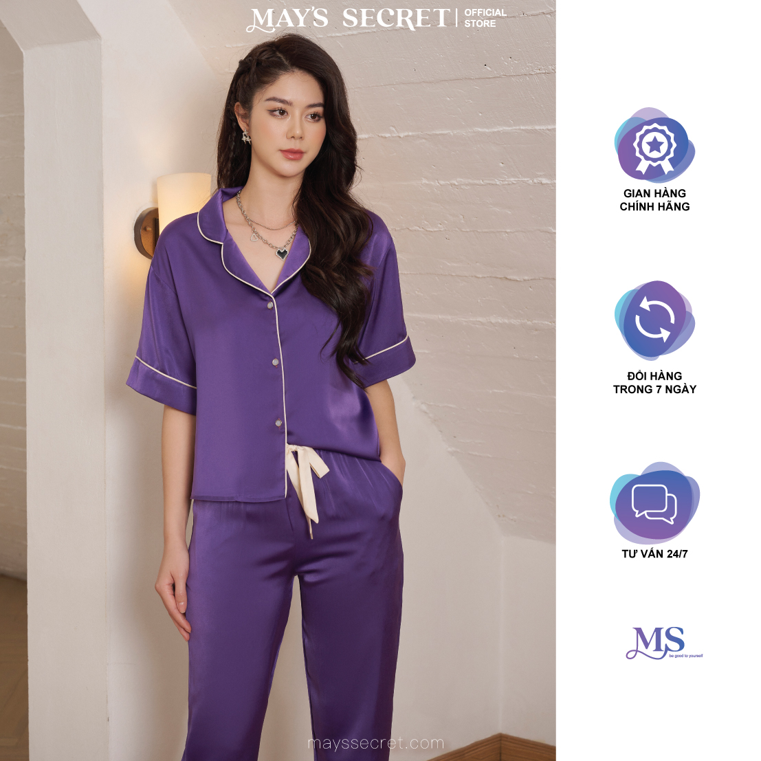 Bộ pyjamas lụa Twill Silk cộc tay quần dài tím trơn - May's Secret