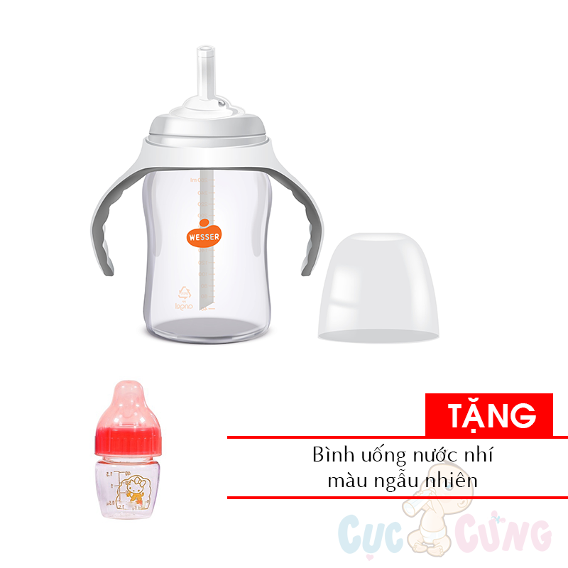 Bình uống nước Wesser công nghệ kháng khuẩn Hàn Quốc 260ml nhựa PP cổ rộng có ống hút TẶNG 1 bình uống nước nhí màu ngẫu nhiên - binh sua