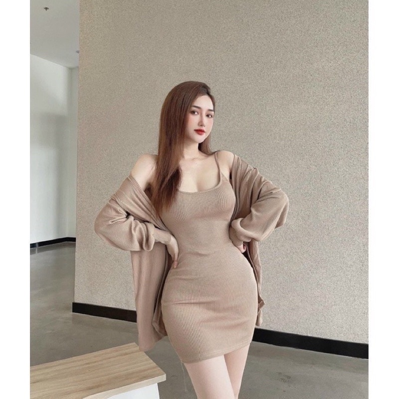Sét áo khoác dài phối đầm 2 dây body