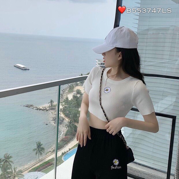 Áo thun gân croptop thêu hình hoa cúc nhỏ dễ thương TTSA0212
