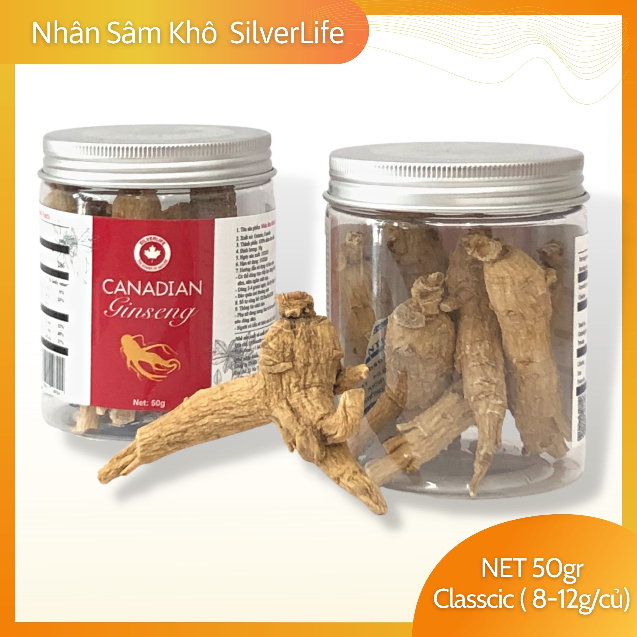 Nhân Sâm Khô Canada SilverLife hũ 50gr| Nhân Sâm 5 năm tuổi| Trọng lượng 8-12gr/củ | Siêu tiết kiệm