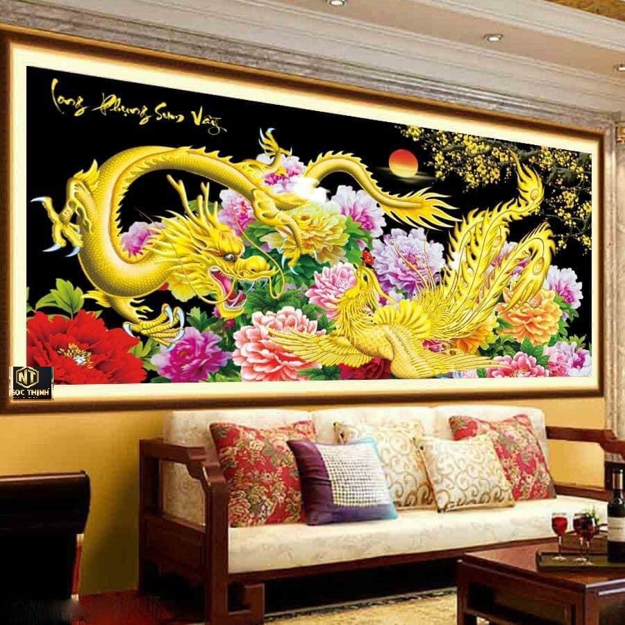 Tranh đính đá Long Phụng Sum Vầy ( chưa đính)  KT 160X75cm. Màu sắc tươi tắn, hạt đá ABC cao cấp. Vải chart in chuẩn 100%, hạt đá chất lượng cao Phụ kiện đầy đủ, in màu chính xác. không phải tranh thành phẩm