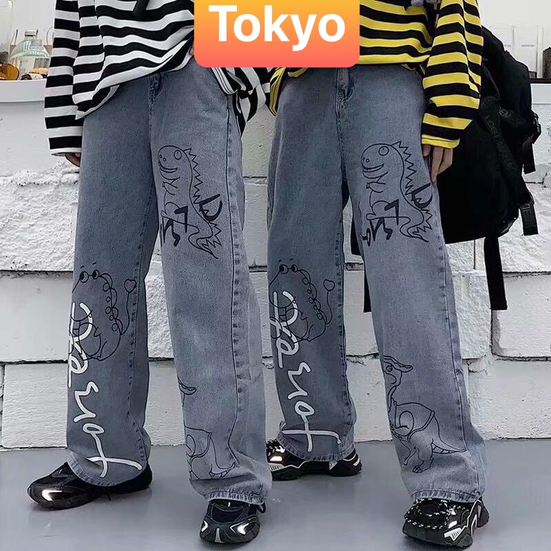 QUẦN BAGGY JEAN NAM NỮ UNISEX CHẤT BÒ ỐNG RỘNG DÀI XANH THÊU KHỦNG LONG NHẬT BẢN THOÁNG MÁT , CO GIÃN NHẸ CAO CẤP CJ-62 - TOKYO FASHION