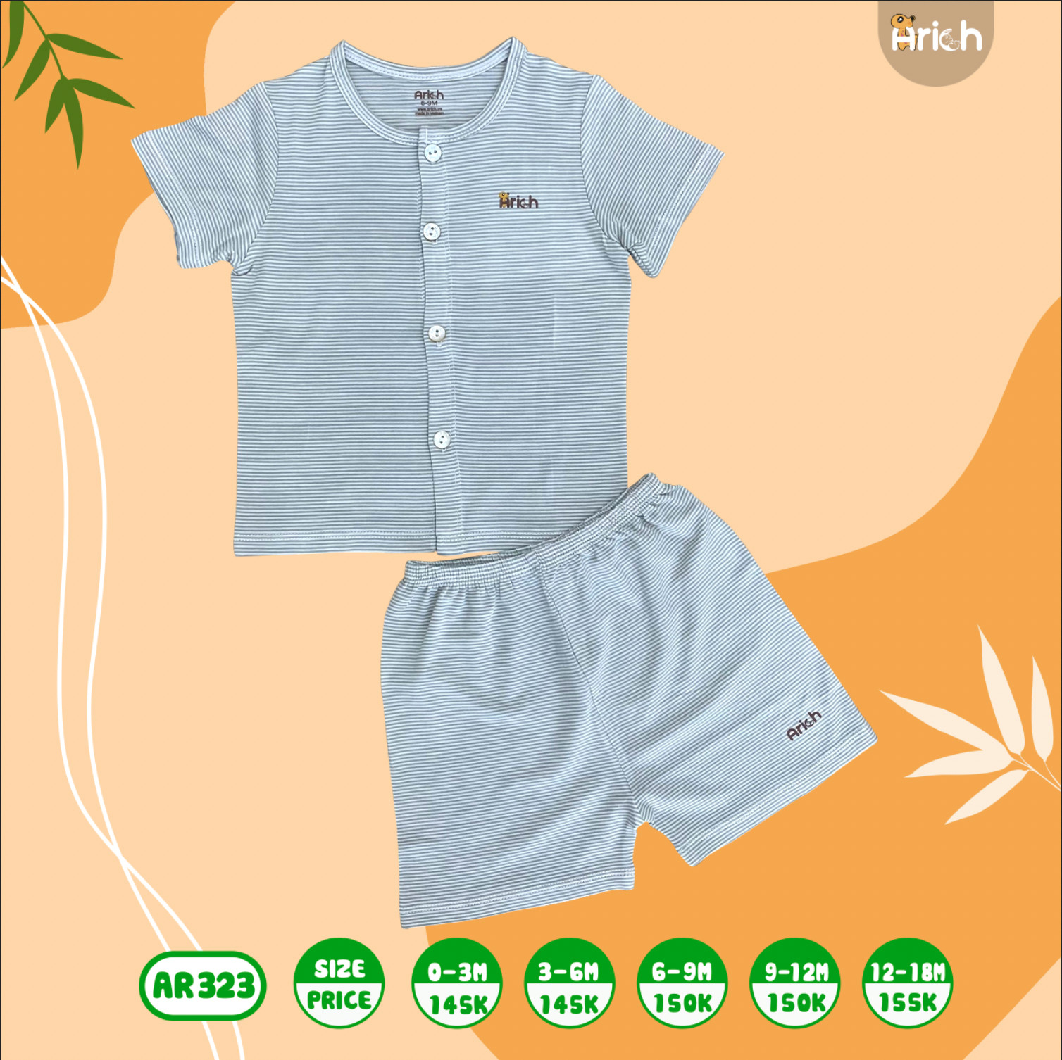 Bộ áo cộc nút cài thẳng cho bé sơ sinh đến 18 tháng - ARICH