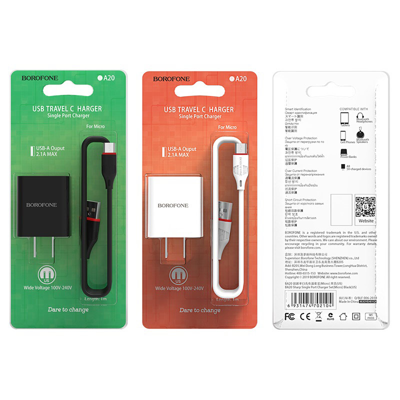 Bộ sạc cáp borofone ba20 đầu lightning, micro, type-c, cổng usb 2.1a, dây dài 1m - chính hãng