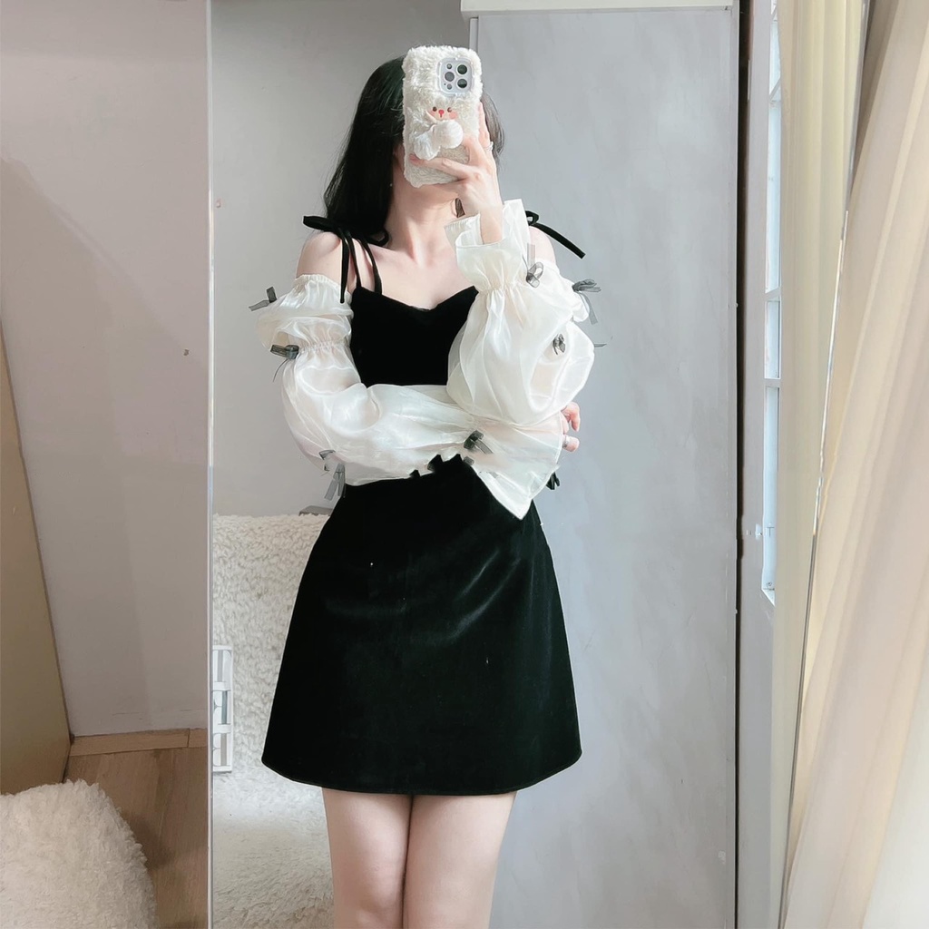 Đầm nhung - Váy Nhung Tay Pha Tơ Tay Dài Đính Nơ Chất Dày Dặn, đầm nhung nữ sang trọng, đầm nhung nữ tiểu thư, đầm nhung nữ dự tiệc, đầm nhung nữ đỏ đô tay dài, đầm nhung nữ tay bồng , đầm nhung nữ tay nơ