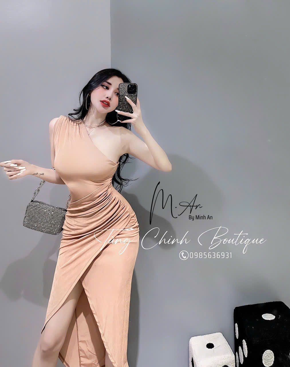 Đầm nữ  lệch vai đắp chéo sẻ tà cao cực sang ba