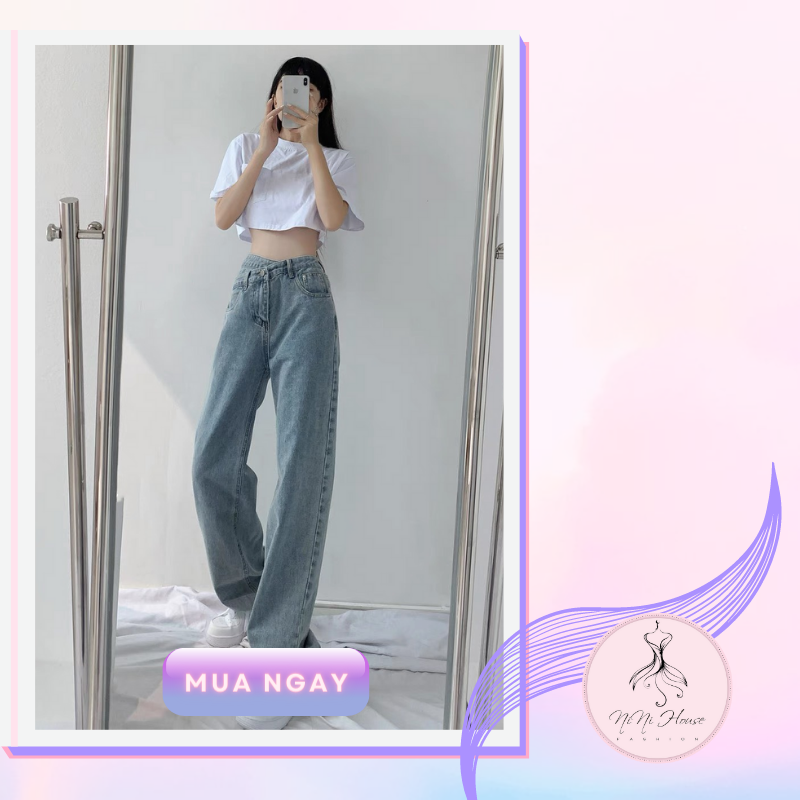 Quần jeans ống rộng ulzzang cạp chéo