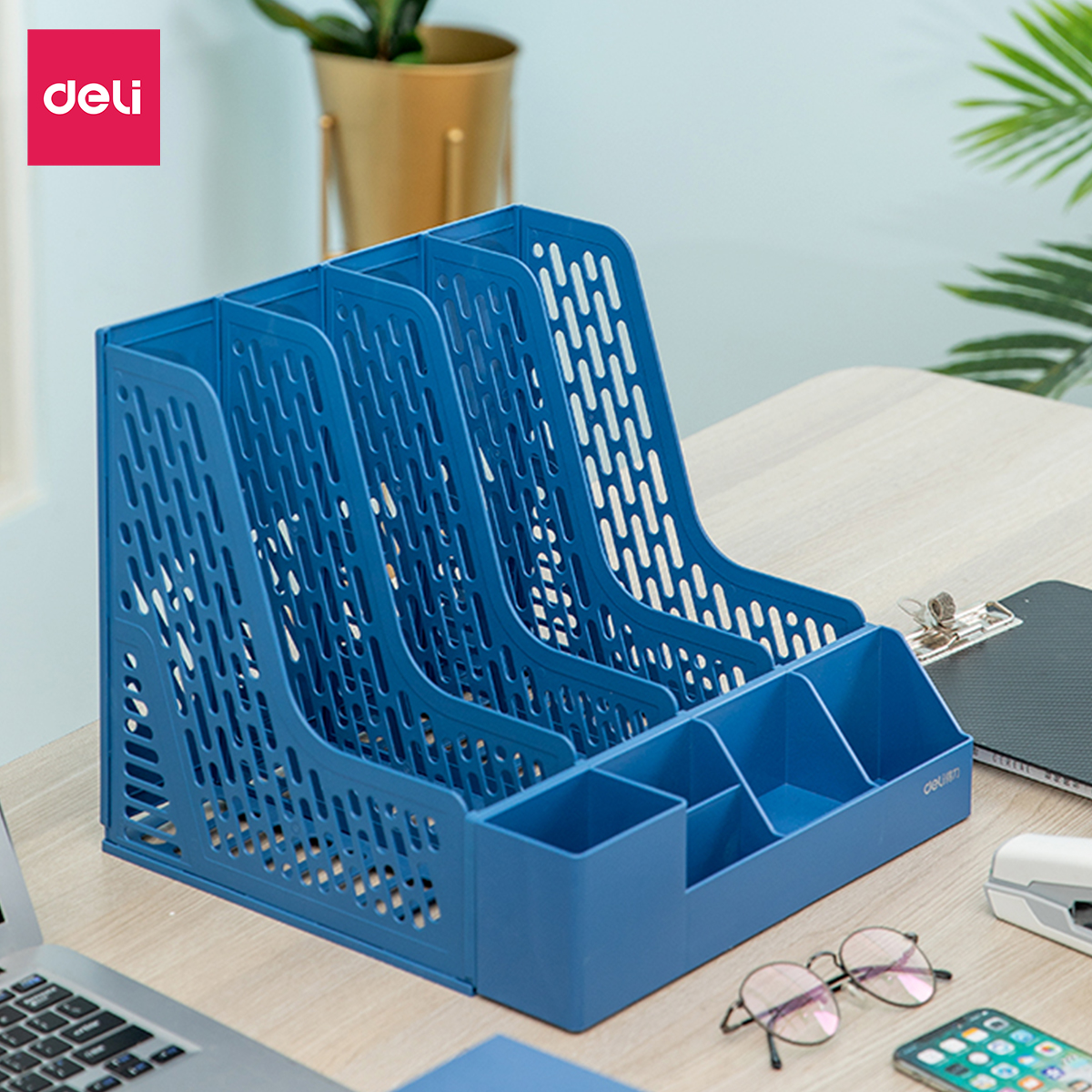 Giá tài liệu 4 ngăn kèm khay để bút Deli- Đen/ Xanh/ Xám - Giá, kệ đựng đồ đa năng - 78981