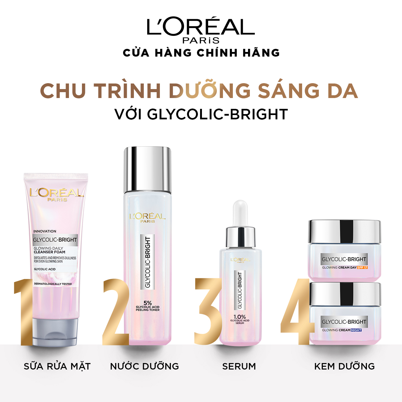 [2.2 MUA 1 BỘ TẶNG 4 MÓN] Bộ 2 Serum sáng da tức thì L'Oreal Paris Glycolic Bright Instant Glowing Serum 1.0% Glycolic Acid 30mlx2