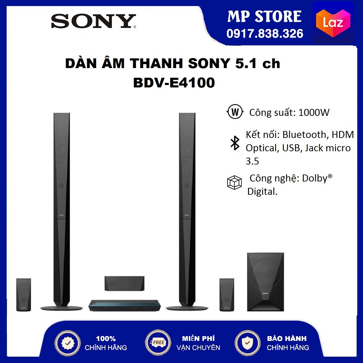 [Trả góp 0% - FREESHIP] Dàn âm thanh Sony 5.1 BDV-E4100 1000W | Bluetooth | Công nghệ Dolby Digital