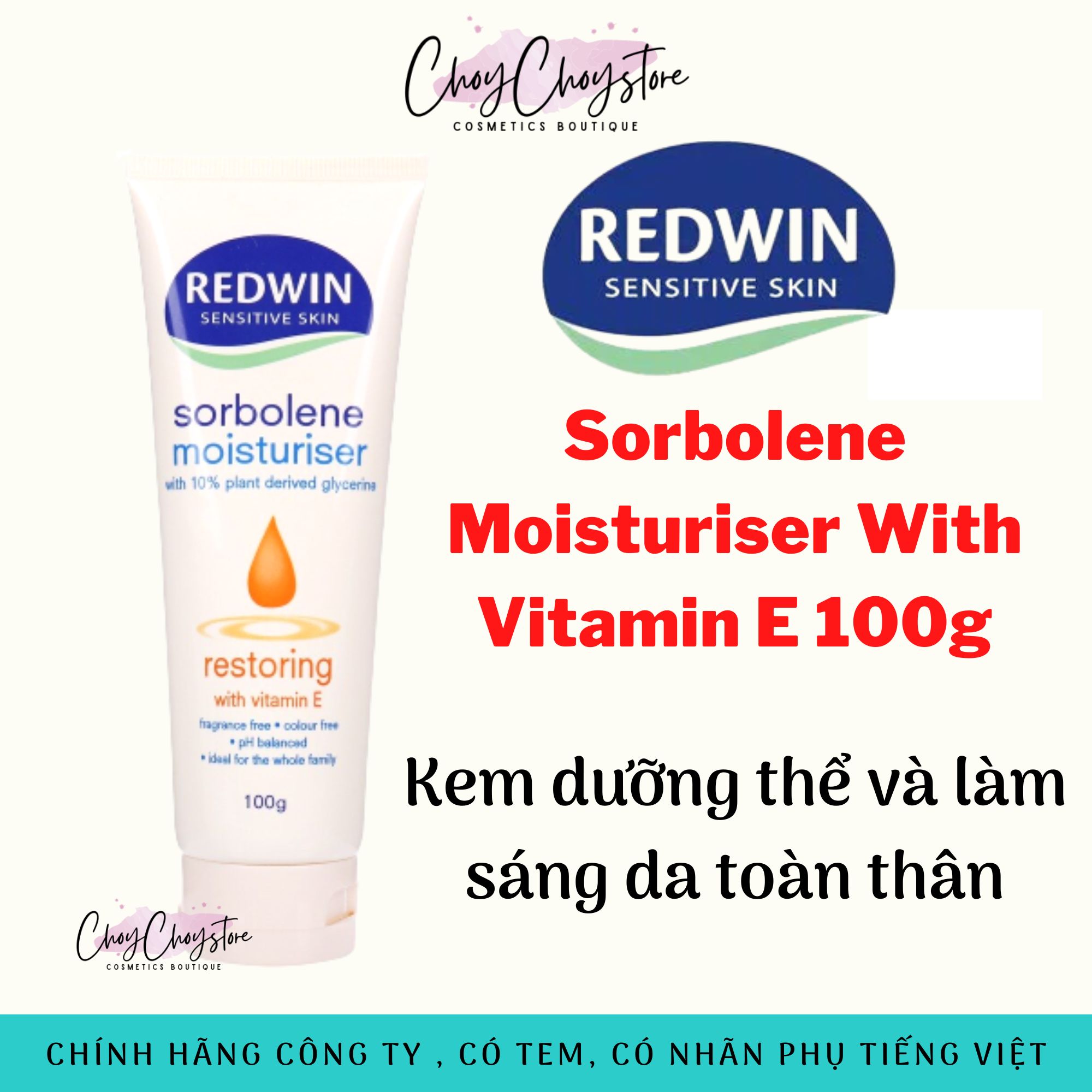 (Tem Cty) Kem dưỡng Redwin Sorbolene Moisturiser With Vitamin E 100g Dưỡng Thể Cho Da Khô, Da Kích Ứng, Chàm
