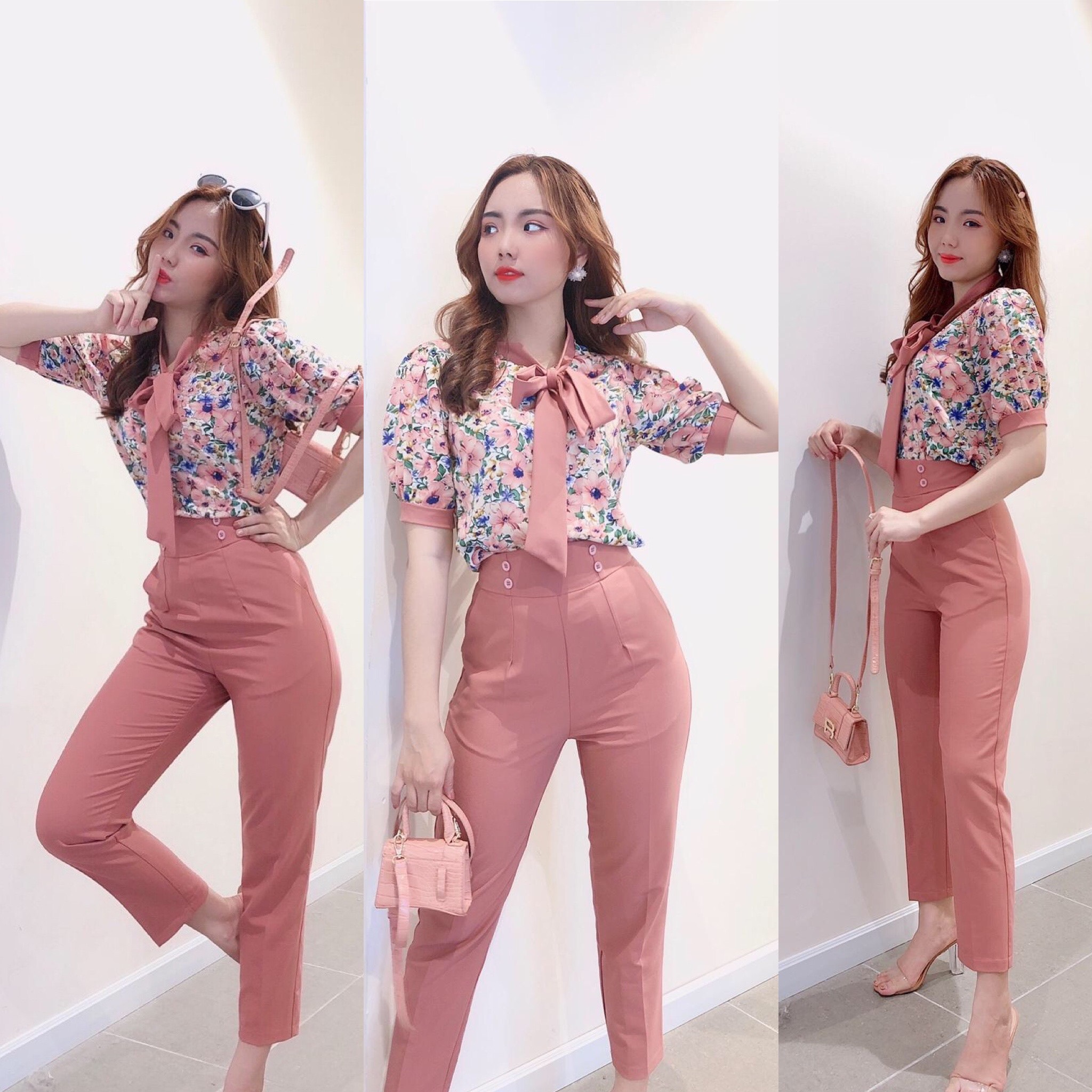 Set bộ quần dài áo hoa tay con thắt nơ Hàn Quốc