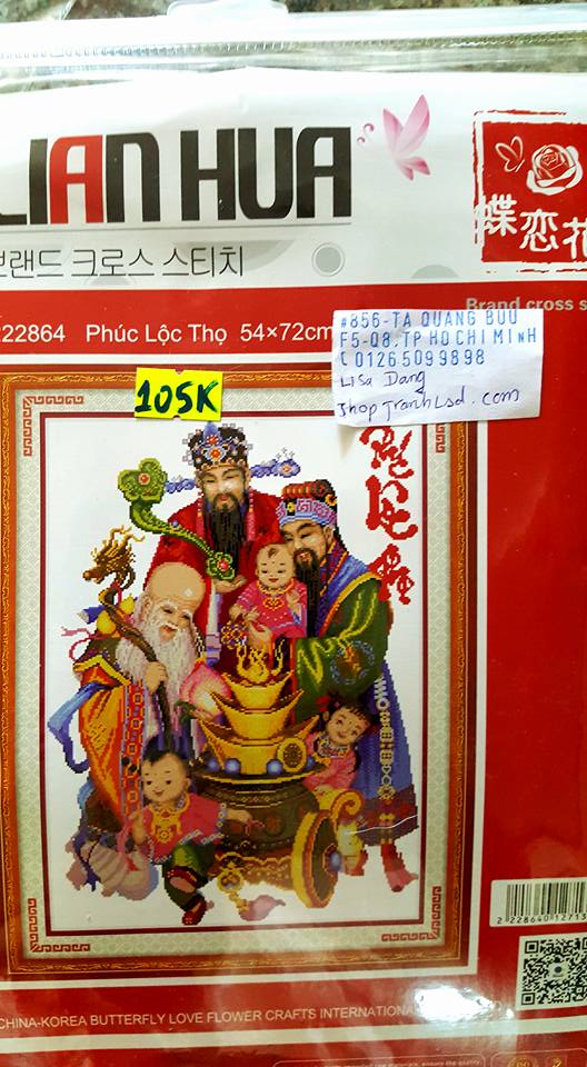 [HCM]Tranh thêu chữ thập phúc lộc thọ chưa thêu 54x72cm tặng kéo + khẩu trang FREESHIP 222864