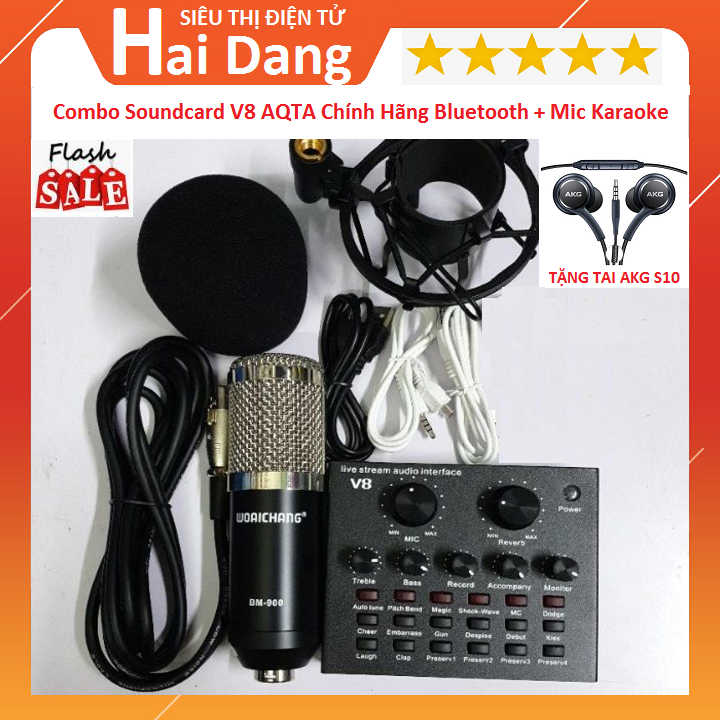Combo sound card v8 mic bm900 hát karaoke livestream tặng tai nghe akg-s10 combo micro thu âm bm900 sound card v8 hát online lai chim suond card v8 đầy đủ dây kèm theo - mic bm900 rẻ