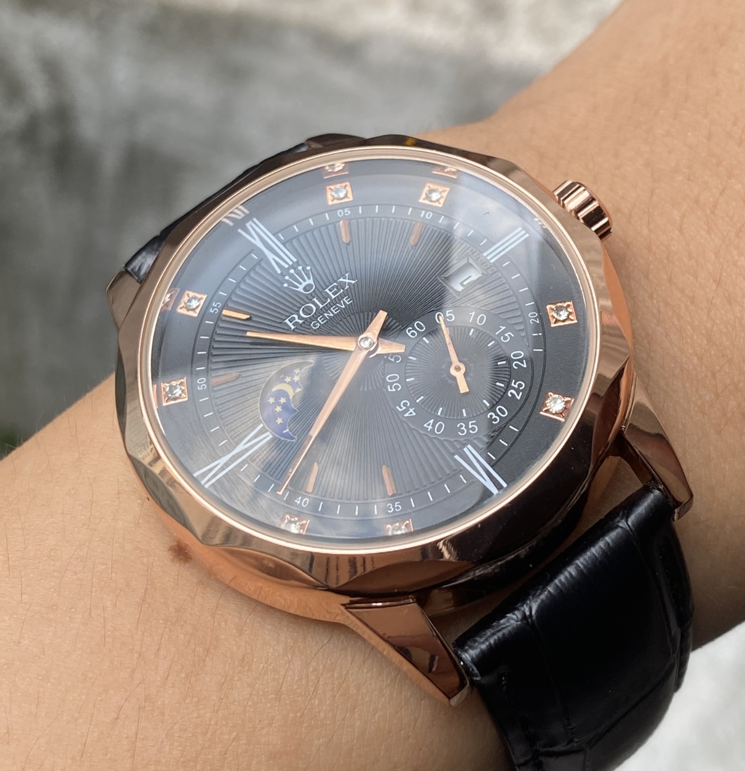 Đồng hồ nam cơ automatic cọc giờ bọc đá dây da sang trọng