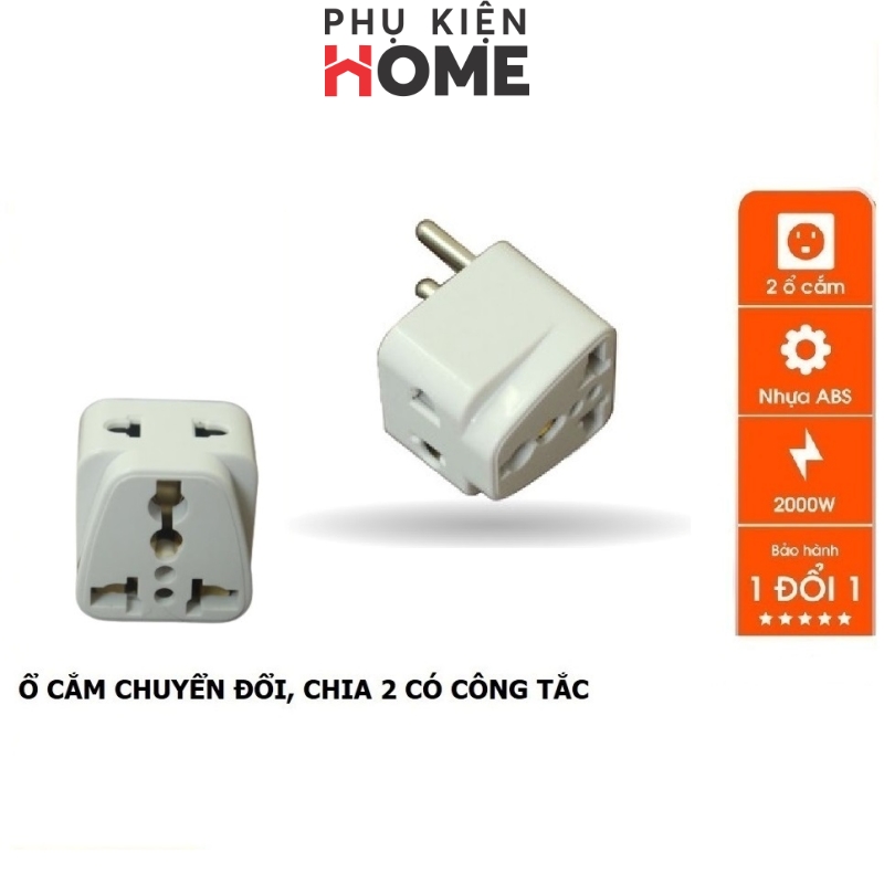 Giắc Cắm Điện Chuyển Đổi 2 Chức Năng: Giắc Cắm Điện Chuyển Đổi 3 Chấu Sang 2 Chấu Và Chia 2 Ra Ổ Cắm, Tiện Dụng Cho Gia Đình. Phụ Kiện Home 8610