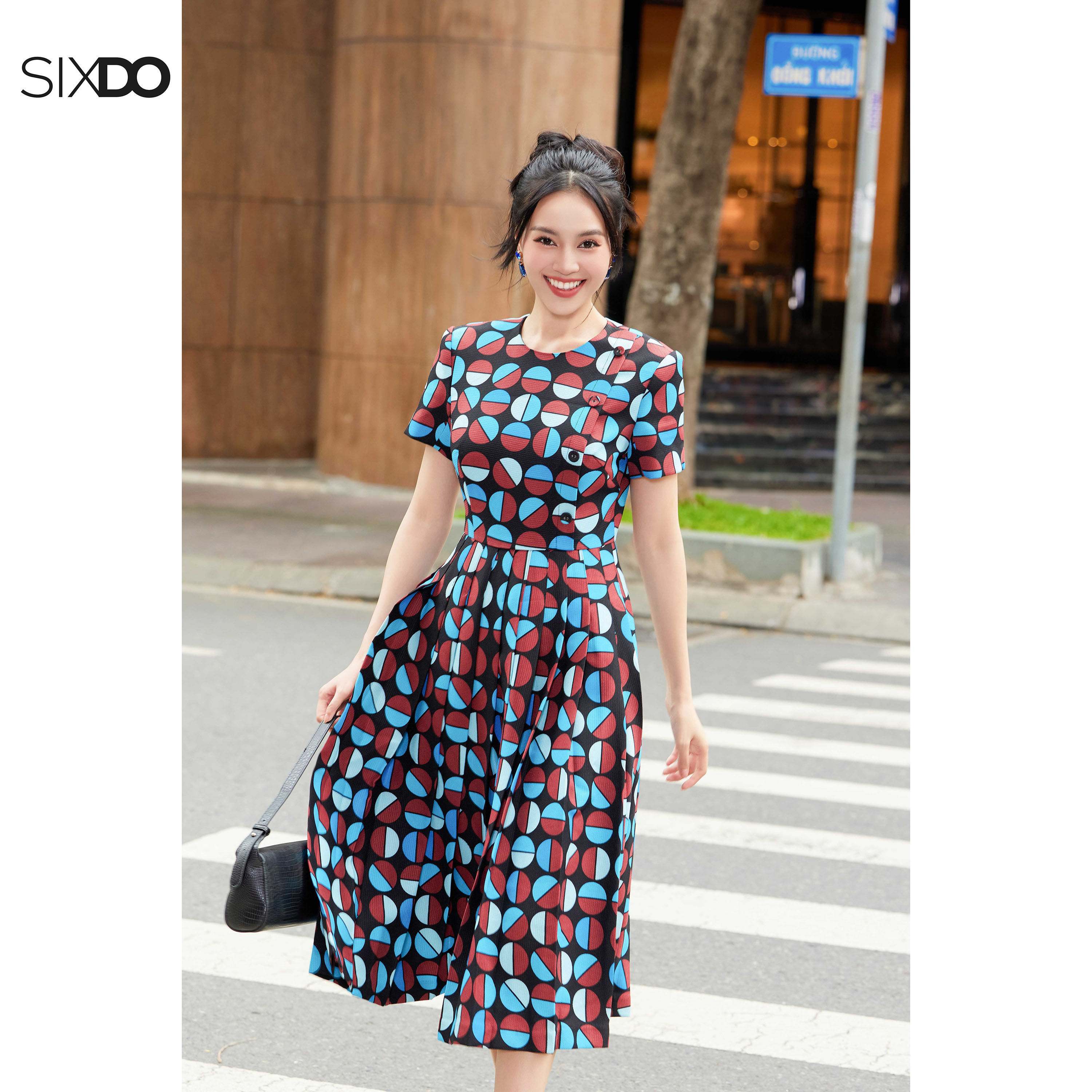 Đầm thô dáng xòe họa tiết tròn SIXDO (Blue Brown Geomitric Midi Raw Dress)