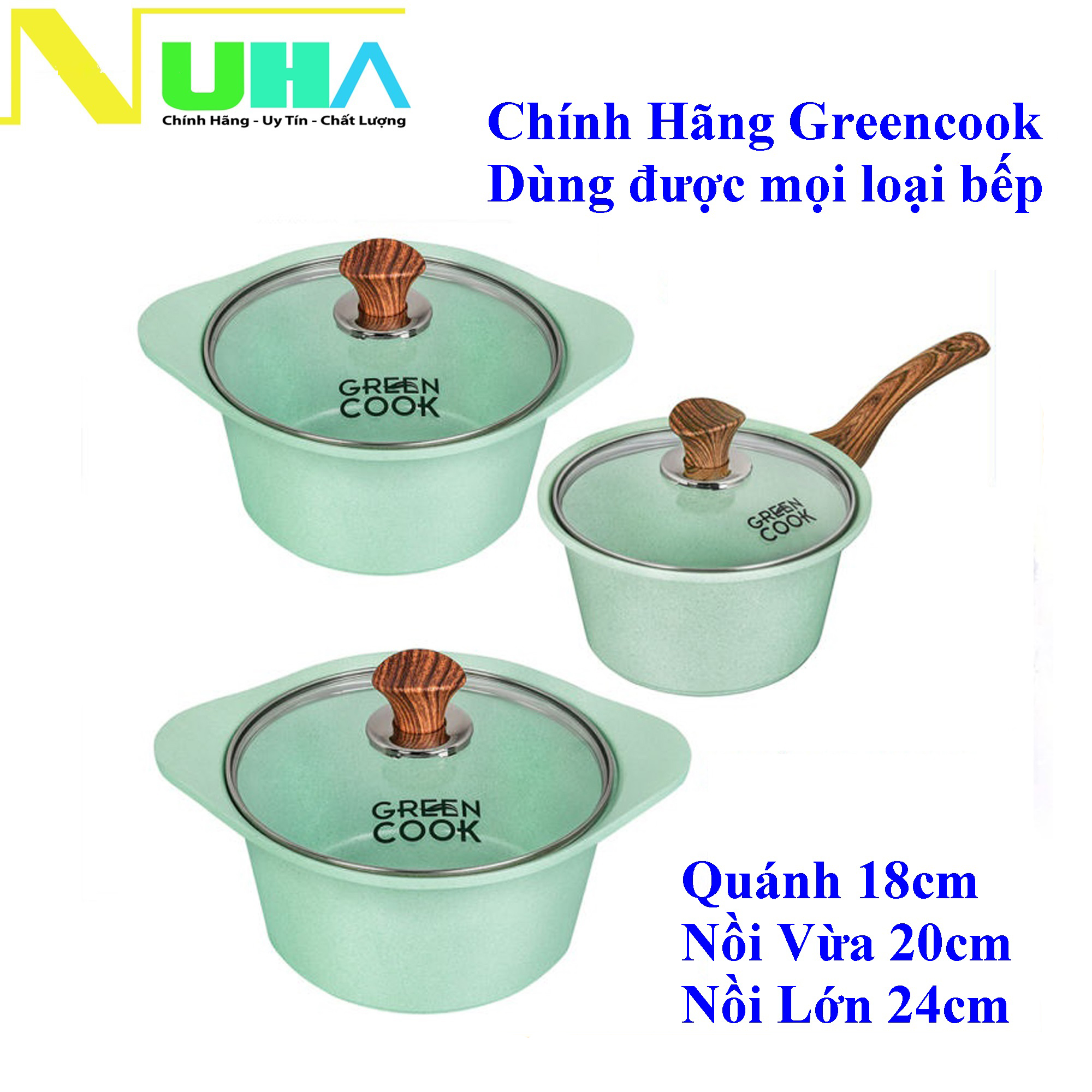 Bộ 3 nồi đúc quánh đúc Ceramic nắp kính chống dính 5 lớp đáy từ Greencook GCS05, dùng được cho mọi loại bếp