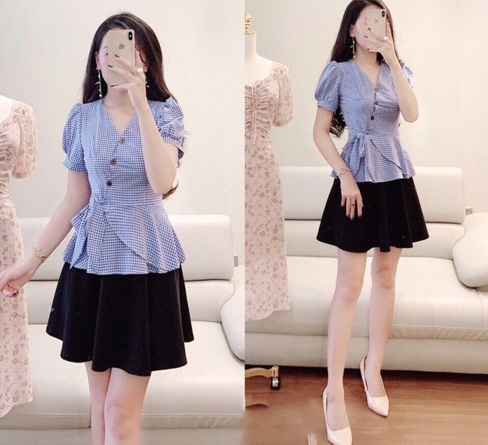 Áo sọc thắt nơ eo cổ V kết nút tay ngắn