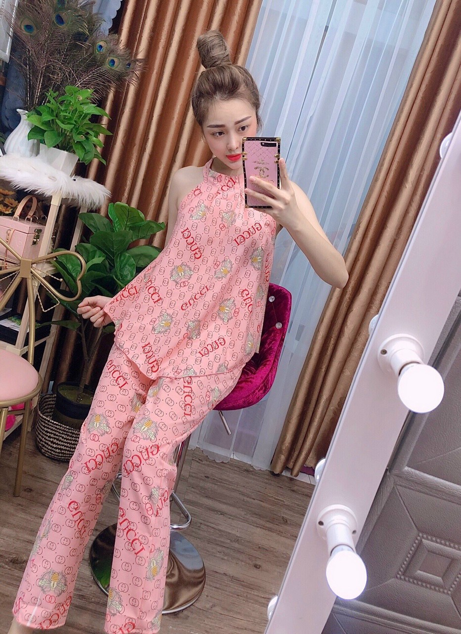 Set bộ nữ lụa thổ cẩm cổ yếm in chữ-MTB#setbonu