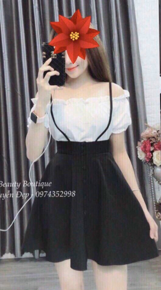 Set yếm váy áo trễ vai đính nút #setyemvayaotrevai