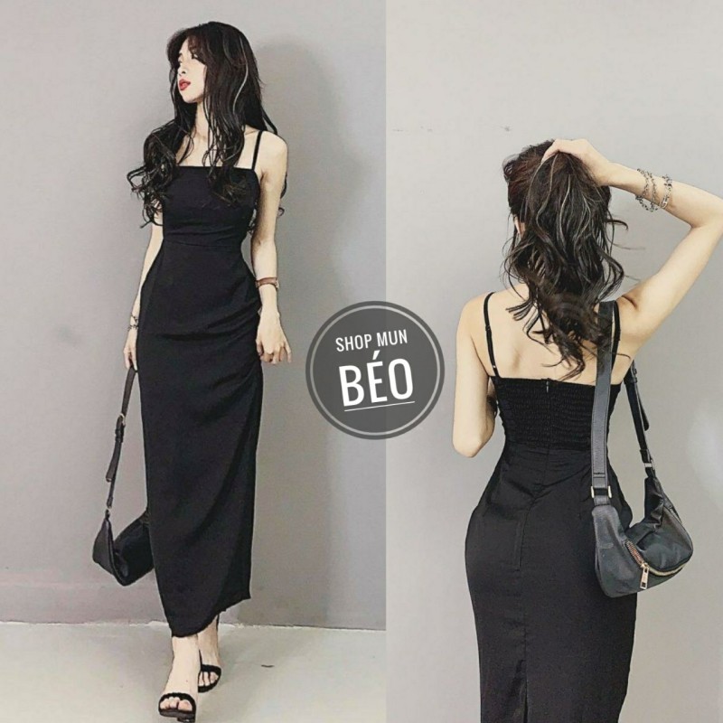 Nơi bán (VIDEO+HÌNH THẬT) Đầm 2 Dây Maxi Chun Nhún Lưng Xẻ Sau EMO (ĐEN)