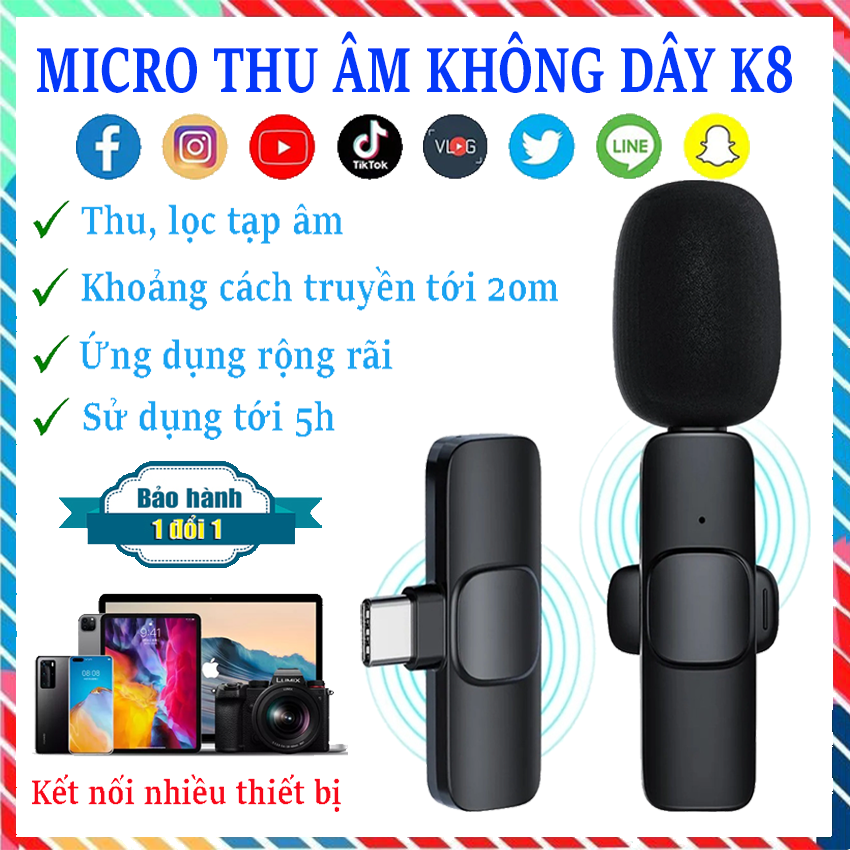 Micro không dây cài áo K8, Micro thu âm cho điện thoại, hỗ trợ quay vlog, livestream, phỏng vẫn, dạy học, Tương thích nhiều thiết bị, Thu âm cực trong, lọc bỏ tạp âm