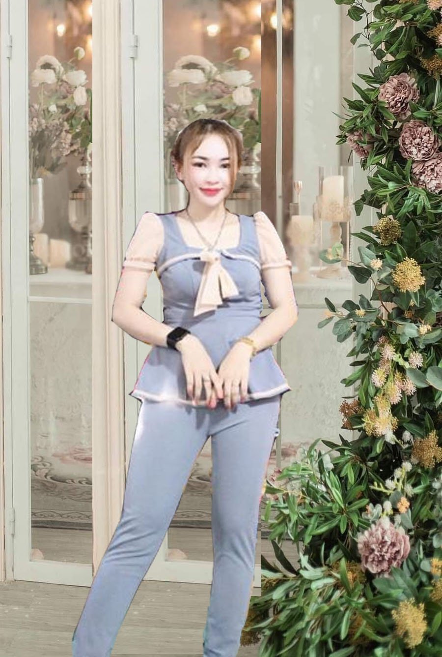 Set bộ thun cát hàn bành bèo nơ áo mặc nhà